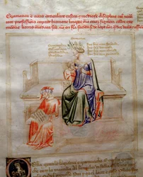Allegorie de la Grammaire in "Chansonne des sept Vertus et des sept Arts liberales destinee a Bruzio Visconti" (La Canzone delle Virtu e delle Scienze) de Bartolomeo di Bartoli. Aguarela de Andrea di Bartoli (activa entre 1358 e 1368) (ms. 599, fo