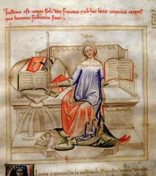 Allegorie de la Justice in "Chansonne des sept Vertus et des sept Arts liberales destinee a Bruzio Visconti" (La Canzone delle Virtu e delle Scienze) de Bartolomeo di Bartoli. Aguarela de Andrea di Bartoli (activa entre 1358 e 1368) (ms. 599, fol