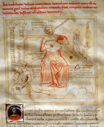 Allegorie de la Musique in "Chansonne des sept Vertus et des sept Arts liberales destinee à Bruzio Visconti" (La Canzone delle Virtu e delle Scienze) de Bartolomeo di Bartoli. Aguarela de Andrea di Bartoli (activa entre 1358 e 1368) (ms. 599, fol.