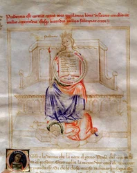 Allegorie de la Prudence in "Chansonne des sept Vertus et des sept Arts liberales destinee a Bruzio Visconti" (La Canzone delle Virtu e delle Scienze) de Bartolomeo di Bartoli. Aguarela de Andrea di Bartoli (activa entre 1358 e 1368) (ms. 599, fol