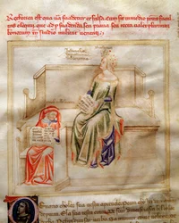 Allegorie de la Rhetorique in "Chansonne des sept Vertus et des sept Arts liberales destinee a Bruzio Visconti" (La Canzone delle Virtu e delle Scienze) de Bartolomeo di Bartoli. Aguarela de Andrea di Bartoli (activa entre 1358 e 1368) (ms. 599, f
