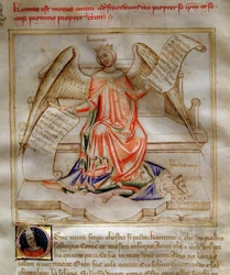 Alegoria da Caridade ailee pisando Herode I o Grande aos pés em "Song of the Seven Vertus and the Seven Liberals Arts destinee for Bruzio Visconti" (La Canzone delle Virtu e delle Scienze) de Bartolomeo di Bartoli. Aguarela de Andrea di Bartoli (