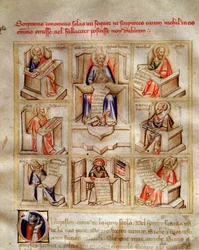 Representação dos médicos da igreja: São João, Santo Ambrósio de Milão, São Jerônimo, São Gregoire o Grande e São Paulo em "Canção dos Sete Vertus e o destino das Sete Artes Liberais para Bruzio Visconti" (La Canzone delle Virtu e dell
