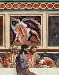 Última ceia, detalhe de Pedro, Jesus e João a dormir, com Judas (Fresco