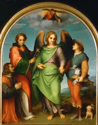 Arcanjo Rafael e Tobias, São Lourenço e o doador, Leonardo di Lorenzo Morelli (pintura sobre madeira)