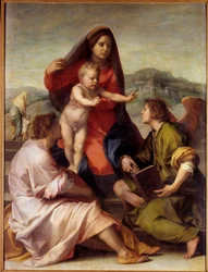 Madonna della Scala. Sagrada família com um anjo. Pintura de Andrea del Sarto (1486-1531) 1522-1523 Sol. 1,77x1,35 m Madrid, Museu do Prado.