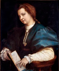 Retrato de um desconhecido (Senhora do Petrarchino, a mulher tem nas mãos uma cópia do "Canzoniere" de Petrarch (Petrarca) Pintura em madeira de Andrea del Sarto (1486-1530) 1528 circa Sun. 84x69 cm Florença, Galleria degli Uffizi (Escritórios)