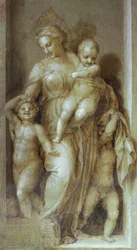 Representação da caridade, detalhe de Histórias de São João de Andrea del Sarto (1486-1530), fresco no claustro monocromático de Scalzo, Florença