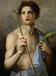 São Sebastião segurando duas flechas e a palma do martírio