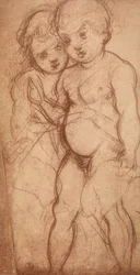 Estudo de dois querubins; desenho de Andrea del Sarto. Gabinete de Desenhos e Gravuras, Galeria Uffizi, Florença