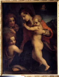 A Virgem, o Menino Jesus, São João e Dois Anjos Pintura de Andrea del Sarto (1486-1531) Sol do século XVI. 1,06x0,79m Madrid, Museu do Prado