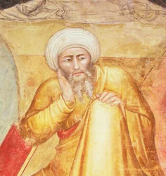 Triunfo de São Tomás de Aquino, detalhe da figura abaixo do trono, da Capela Espanhola, c.1365 (fresco)
