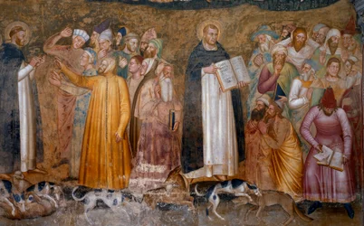 O triunfo da igreja militante: Tomás de Aquino perante os hereges e, em baixo à direita, Fra Dolcino rasgou a doutrina oficial da Igreja. Capela dos Espagniardos (Detalhe do fresco ,1365)