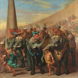 Elefantes num circo - Elefantes num circo, por Andrea di Leone (1596-1675). Óleo sobre tela, ca. 1637-1640. Dimensão : 229x231 cm. Museo del Prado, Madrid