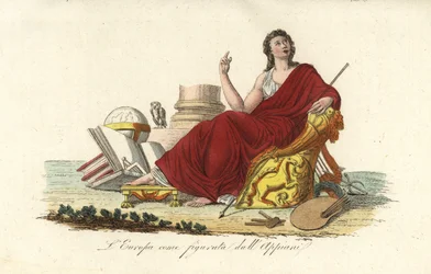Figura alegórica da Europa sentada num trono de túnica roxa com livros, globo, paleta, ceptro, lira e coruja