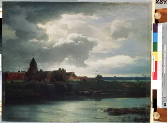 "Paisagem com um rio" (Paysage de village sur une riviere) Pintura de Andreas Achenbach (1815-1910) 1866 São Petersburgo, Museu Hermitage