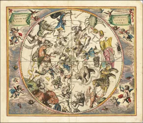 Mapa celeste de 1660 que ilustra as constelações do hemisfério norte sobrepostas ao hemisfério sul da Terra