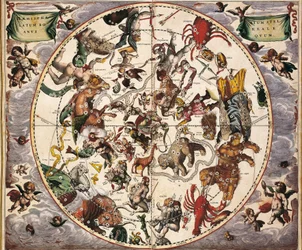 CELLARIUS, Andreas (1596-1665). Atlas Coelestis seu Harmonia Macrocosmica. 1661. Fol 24. Hemisphaerium stellatum boreale antiquum. Representação do Hemisfério Norte. Impresso em Amesterdão por Johannes Janssonius. Era Moderna Primitiva. Gravura. ESPANHA. C
