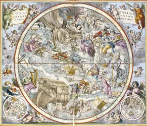 Mapa das constelações cristãs conforme representadas por Julius Schiller, de O Atlas Celeste, ou A Harmonia do Universo, Atlas coelestis seu harmonia macrocosmica, publicado por Joannes Janssonius, Amesterdão