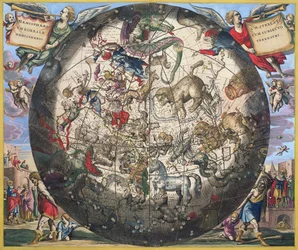 Hemisfério Norte (Boreal), de "O Atlas Celestial, ou a Harmonia do Universo", gravado por Pieter Schenk (1660-1719) e Gerard Valk (1651-1726) (gravura colorida à mão)