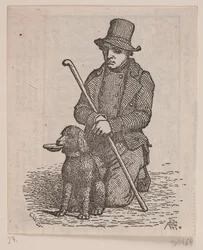 Mendigo ajoelhado com cachorro poodle