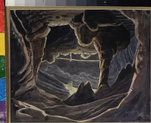 Gruta - Projecto de palco para a ópera "Ruslan e Lyudmila" de Mikhail Glinka (1804-1857) Trabalho de Andreas Leonhard Roller (1805-1891), aguarela e guache sobre papel
