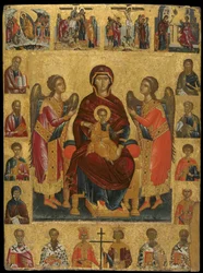 Ícone composto com a Virgem e a Criança Enthroned (tempera de ovo e folha de ouro no painel)