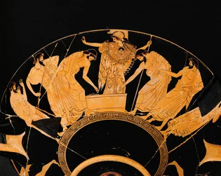 Aos pés da deusa Atena, dois guerreiros gregos tiram à sorte as armas e a armadura de Aquiles, que foi morto ...