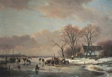 Paisagem fluvial de inverno com numerosos patinadores
