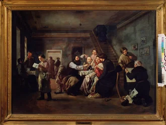 Uma taverna. (Cena ao redor das mesas postas, pessoas tomando chá, um jovem balconista lendo uma folha impressa, um velho mostrando gravuras para um amador, fumando cachimbo). Pintura de Andrei Andreyevich Popov (1832-1896), óleo sobre tela