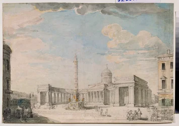 La cathedrale Notre Dame de Kazan (Notre-Dame-de-Kazan) a Saint Petersbourg (A Catedral de Kazan em São Petersburgo) - Oeuvre de Andrei Nikiforovich Voronikhin (Voronikhine) (1759-1814), crayon et aquarelle sur papier, vers 1800, art russe 18-19th siecle, 