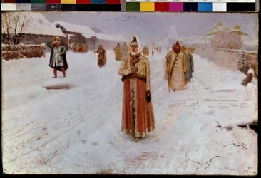 Domingo. No Inverno, numa estrada coberta de neve na região da Grande Moscovo, na época dos problemas (século XVI-17) da antiga Rússia, os boyars (boiars, boiars), homens e mulheres, com trajes tradicionais, estão a regressar da igreja. Pintura por André