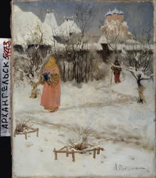 O Passeio de uma Menina Boyar (boiard, boiar). Pintura de Andrei Petrovich Ryabushkin (Riabuchkin) (1861-1904), óleo sobre tela