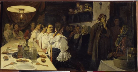 Esperando o retorno do casal de noivos de uma igreja na província de Novgorod. Pintura de Andrei Petrovich Ryabushkin (Riabutchkin) (1861-1904), óleo sobre tela