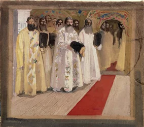 Esperando o czar. Boyars (boiards, boiars), no Ducado de Moscou, estão esperando para receber o czar Alexis I da Rússia, conhecido como o czar muito pacífico (1629-1676). Obra de Andrei Petrovich Ryabushkin (Riaboutchkine) (1861-1904)