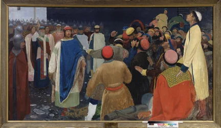 O príncipe Gleb Sviatoslavich (d. 1079) mata um volkhve (adivinho eslavo) num veche em Novgorod. Pintura de Andrei Petrovich Ryabushkin (Riabuchkin) (1861-1904), óleo sobre tela