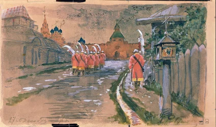 Patrulha de rua no Portão Ilyinsky na Velha Moscou. Obra de Andrei Petrovich Ryabushkin (Riaboutchkine) (1861-1904), aquarela sobre papel