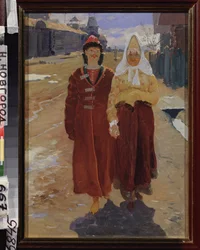 Uma visita à aldeia. (Um par de elegantes boyars (boiardos, boiardos) em roupa tradicional, descendo a rua de uma aldeia com casas de madeira). Pintura de Andrei Petrovich Ryabushkin (Riabuchkin) (1861-1904), óleo sobre tela