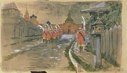 Patrulha de Strelets nos Portões Ilyinsky na Velha Moscou, 1897