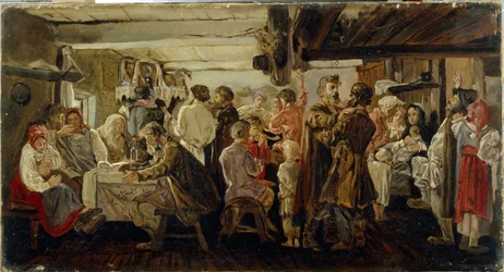 Um casamento camponês na região de Tambov (Rússia). (Casamento Camponês na Região Tambov). Pintura de Andrei Petrovich Ryabushkin (Riaboutchkine) (1861-1904), óleo sobre tela, cerca de 1880. Arte russa do século XIX. Galeria Estatal Tretyakov, Moscou.