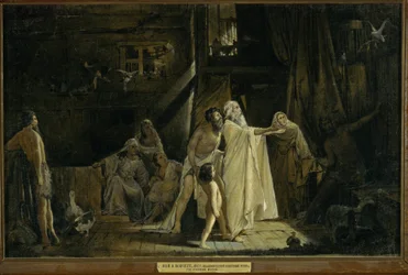 Vista do interior da Arca de Noé. A pomba traz a Noé um ramo de oliveira após o Dilúvio, sinal de que as águas estão a baixar. (A Arca de Noé). Pintura de Andrei Petrovich Ryabushkin (Riaboutchkine) (1861-1904)