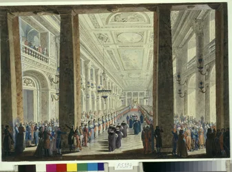 Recepção em honra do embaixador turco dada pela imperatriz Catarina II da Rússia (1729-1796) no Palácio de Inverno de São Petersburgo. Trabalho de Andrei Voronikhine (1759-1814)