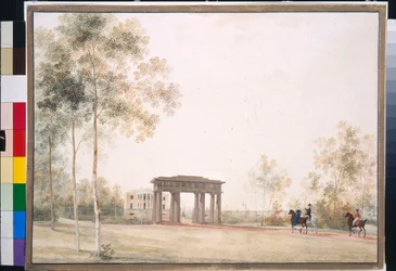 "Gateway to the Park in Tsarskoye Selo" de Andrei Yefimovich Martynov (1768-1826), Gouache em papel depois de 1821, 38,5x51,5, Galeria Estadual Tretyakov, Moscovo