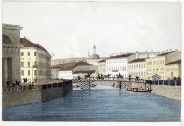 Le pont Bolshoi Koniushennyi a Saint Petersbourg. (Ponte Bolshoi Koniushennyi em São Petersburgo). Lithographie et aquarelle de Andrei Yefimovich Martynov (1768-1826)