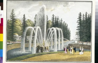 A Fonte de Samson nos Jardins Superiores de Peterhof, Rússia. Litografia e aguarela de Andrei Yefimovich Martynov (1768-1826)