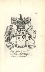 Brasão e brasão do honorável John Savage, 5º Conde dos Rios