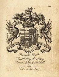 Brasão de armas do Honorável Honorável Anthony de Grey, 3º Barão Lucas de Crudwell e Conde de Harold