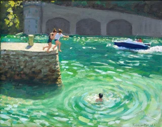 Saltar do muro do porto, Looe, Cornualha (óleo sobre tela)