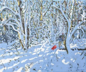 Red sledge, Allestree Park, Derby, 2022 (óleo sobre tela)