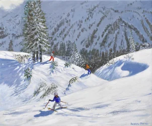 Três esquiadores, Kitzbuehel, Áustria, 2024 (óleo sobre tela)